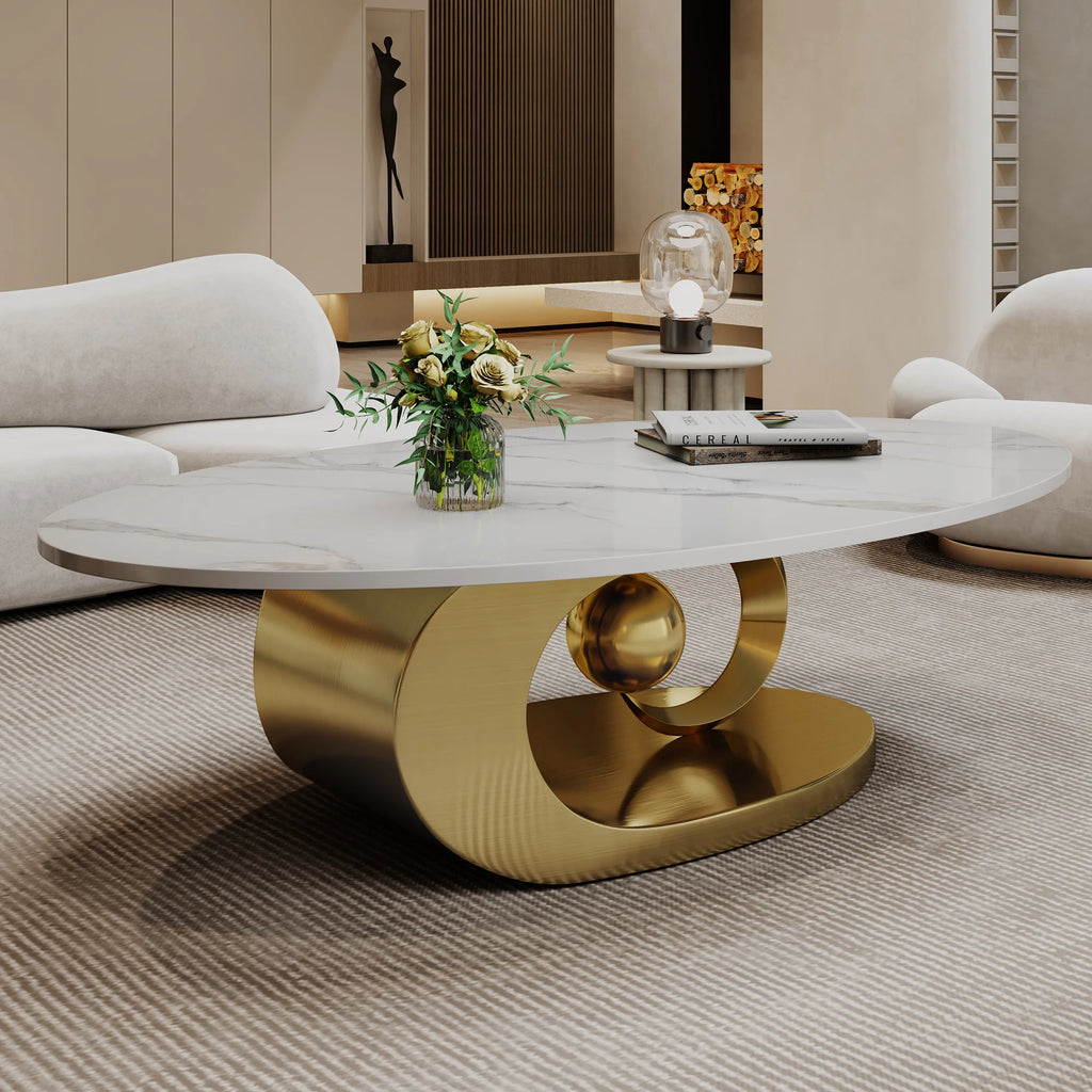 Table basse sculpturale – Marbre & piètement acier, 125 cm