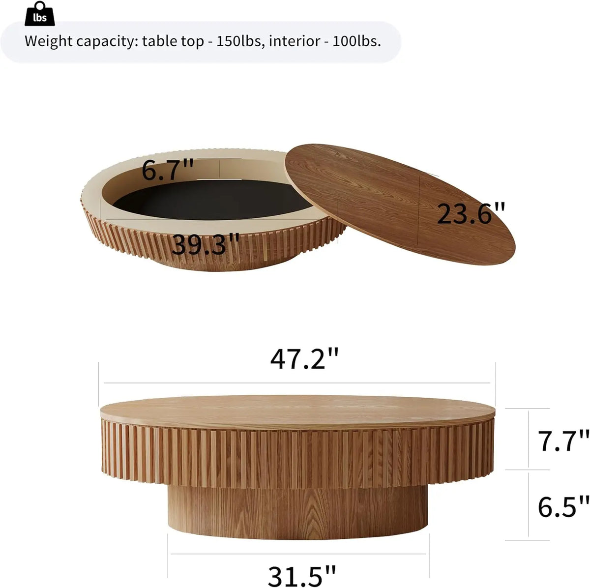 Table basse ovale tambour – Panneaux bois, 111 cm