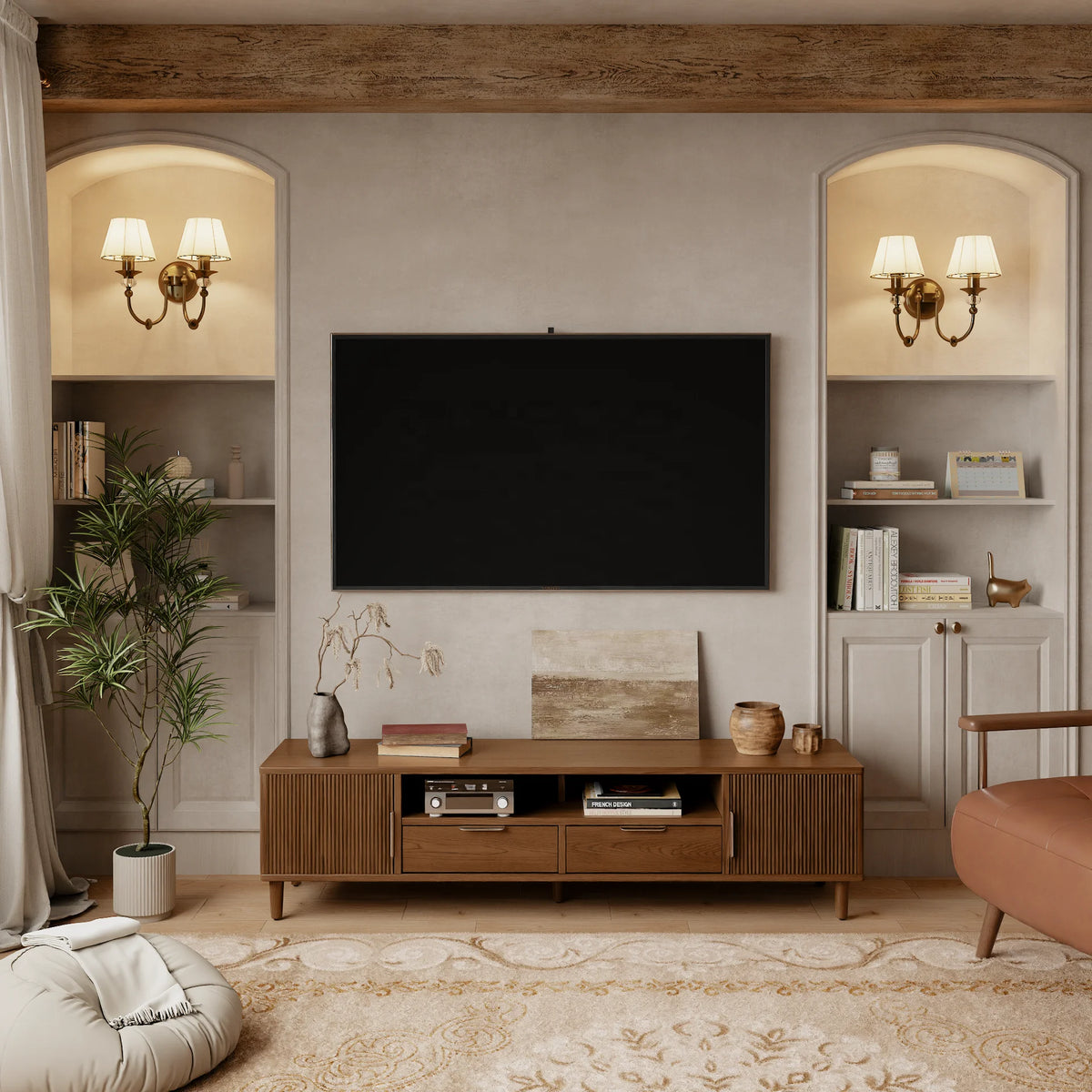 Meuble TV cannelé mid-century – Noyer, 160 cm