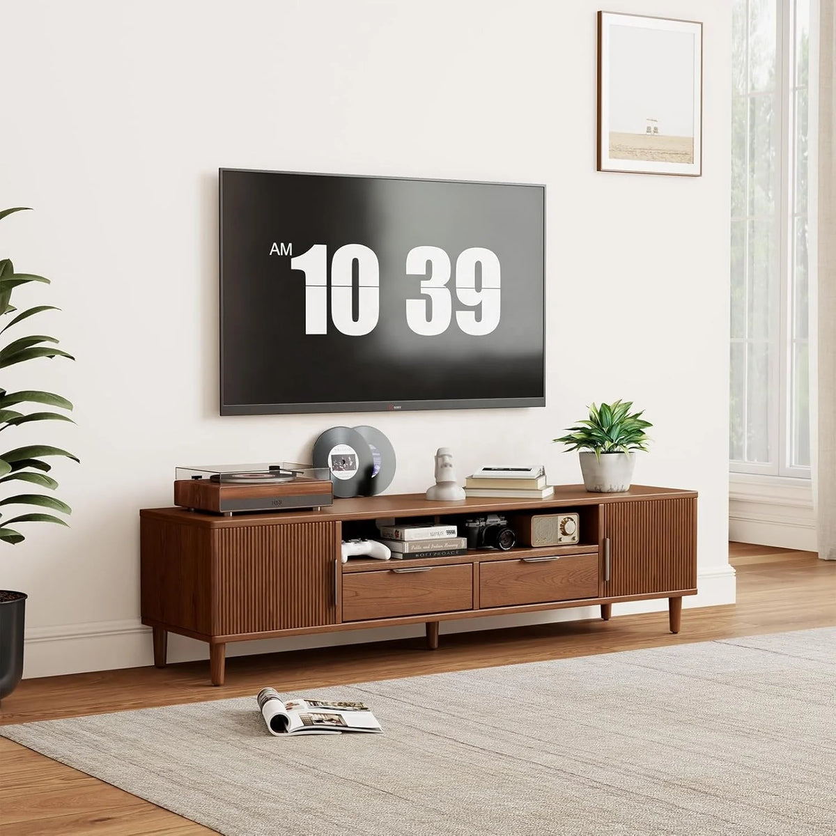 Meuble TV cannelé mid-century – Noyer, 160 cm