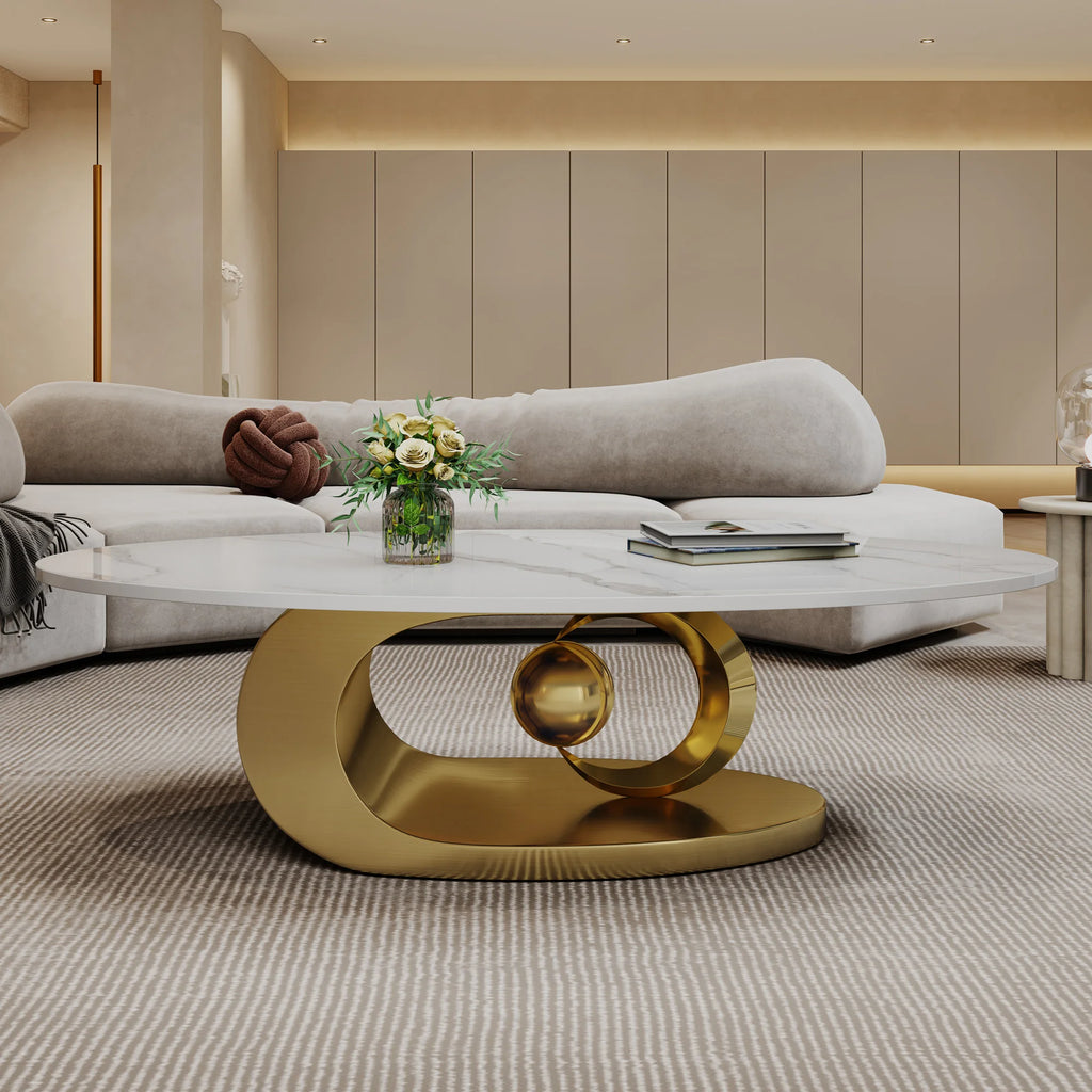 Table basse sculpturale – Marbre & piètement acier, 125 cm