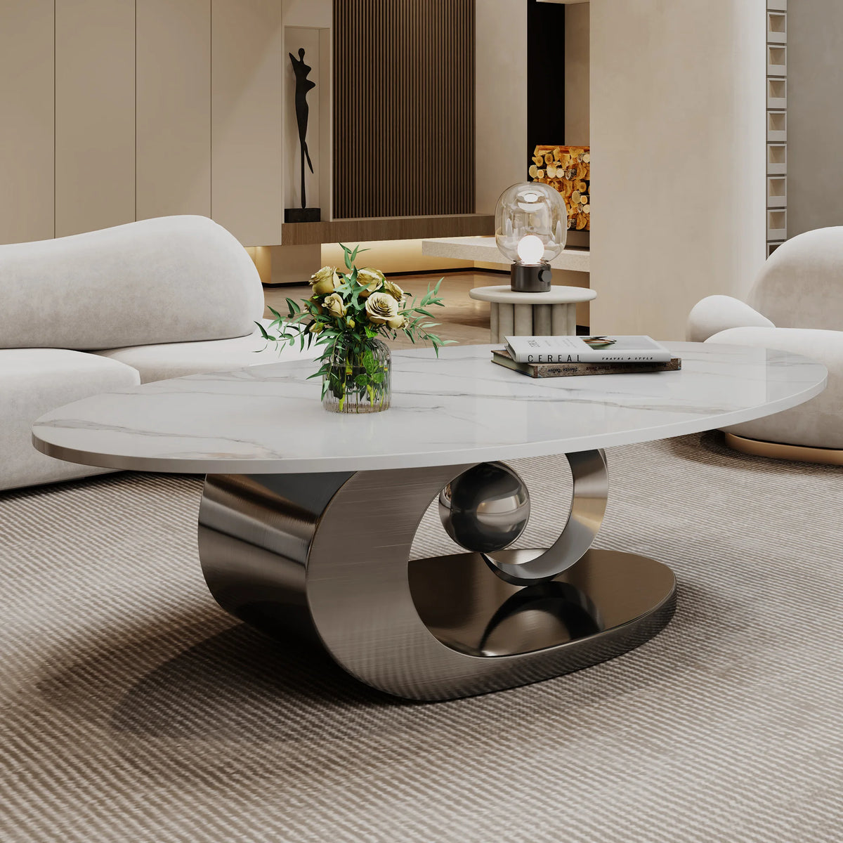 Table basse sculpturale – Marbre & piètement acier, 125 cm