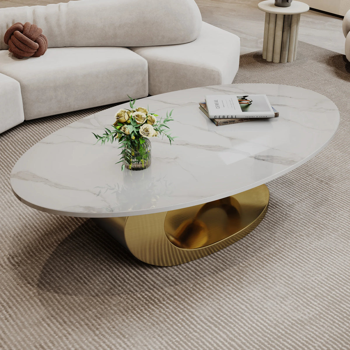 Table basse sculpturale – Marbre & piètement acier, 125 cm