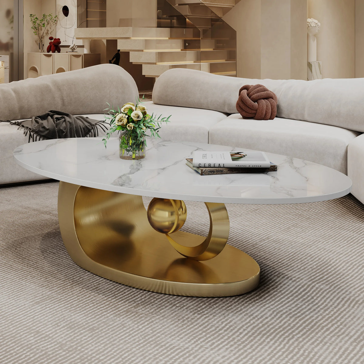 Table basse sculpturale – Marbre & piètement acier, 125 cm